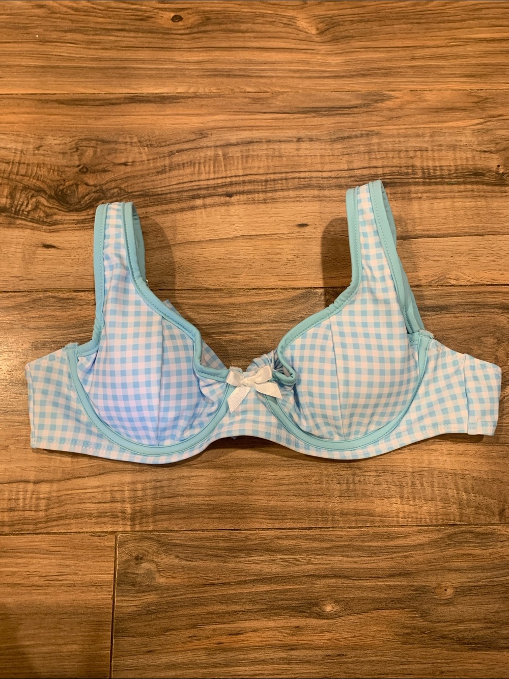 NWOT Women’s SHEIN Blue Gingham Check Sweetheart Neck Bow Swimsuit Bikini Top S
